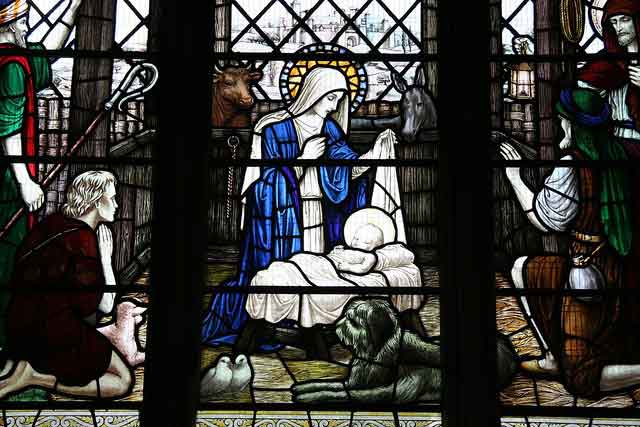 English sheepdog in stained glass nativity